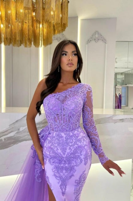 Ballbella One Shoulder Column Long Sleeve Slit Front Tulle Long Evening Dress with Lace