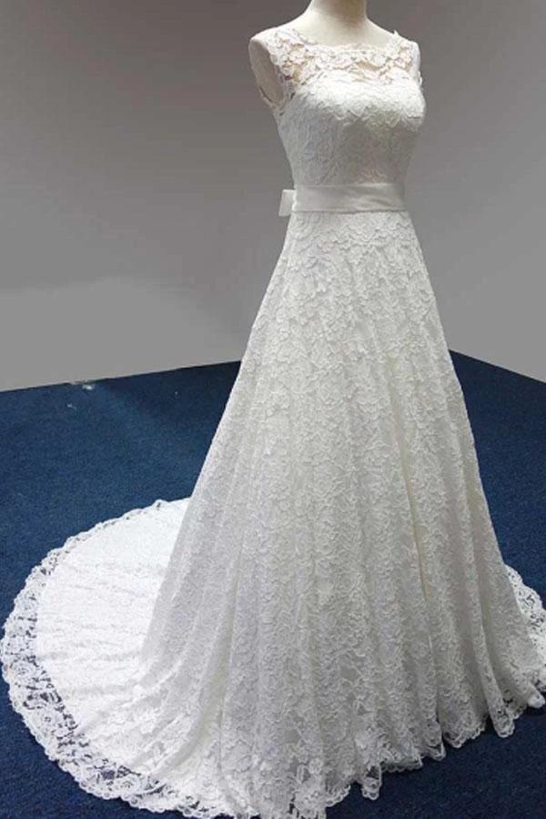 Bateau A-Line Lace Sash Bowknot Sleeveless Wedding Dress (ZD16382)