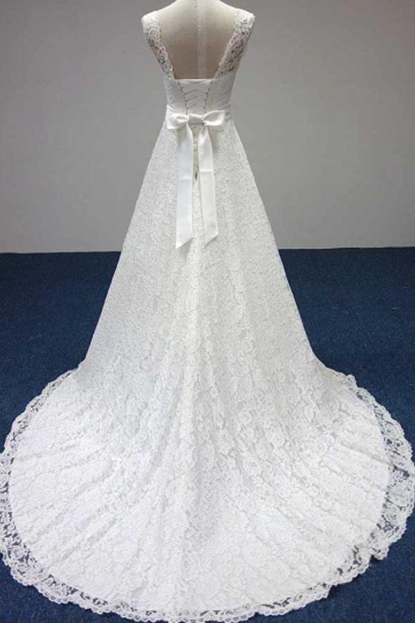 Bateau A-Line Lace Sash Bowknot Sleeveless Wedding Dress (ZD16382)