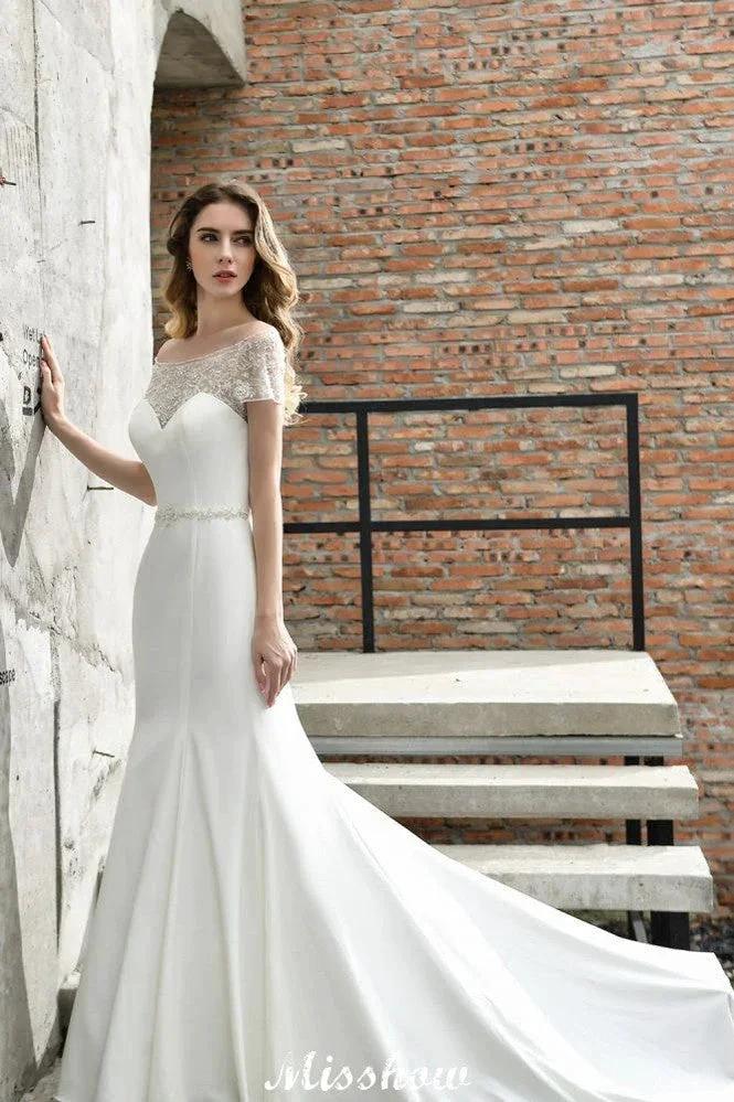 Bateau Short Sleeve Slim Mermaid Wedding Gown Satin Bridal Gown Sweep/Trump Train (ZD13963)