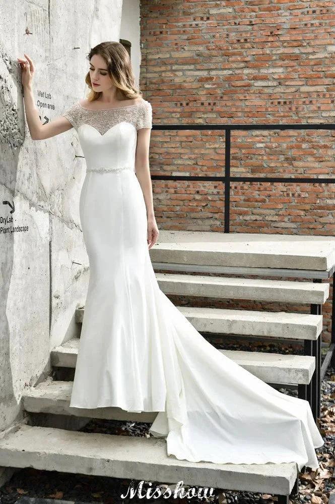 Bateau Short Sleeve Slim Mermaid Wedding Gown Satin Bridal Gown Sweep/Trump Train (ZD13963)