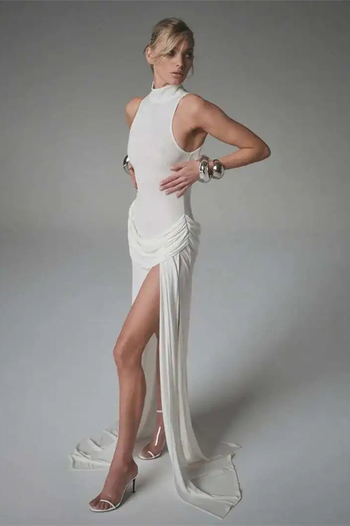 Turtleneck Off Shoulder Sleeveless Pleated Maxi Dress