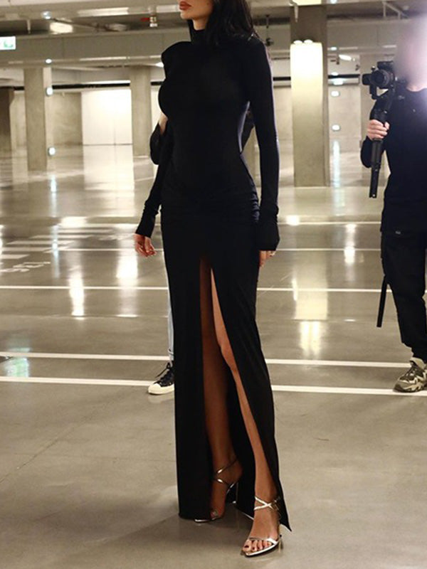 A-line Long Sleeves Asymmetric Solid Color Split-side High Neck Evening Dresses Maxi Dresses - View 5 | VelvetHem