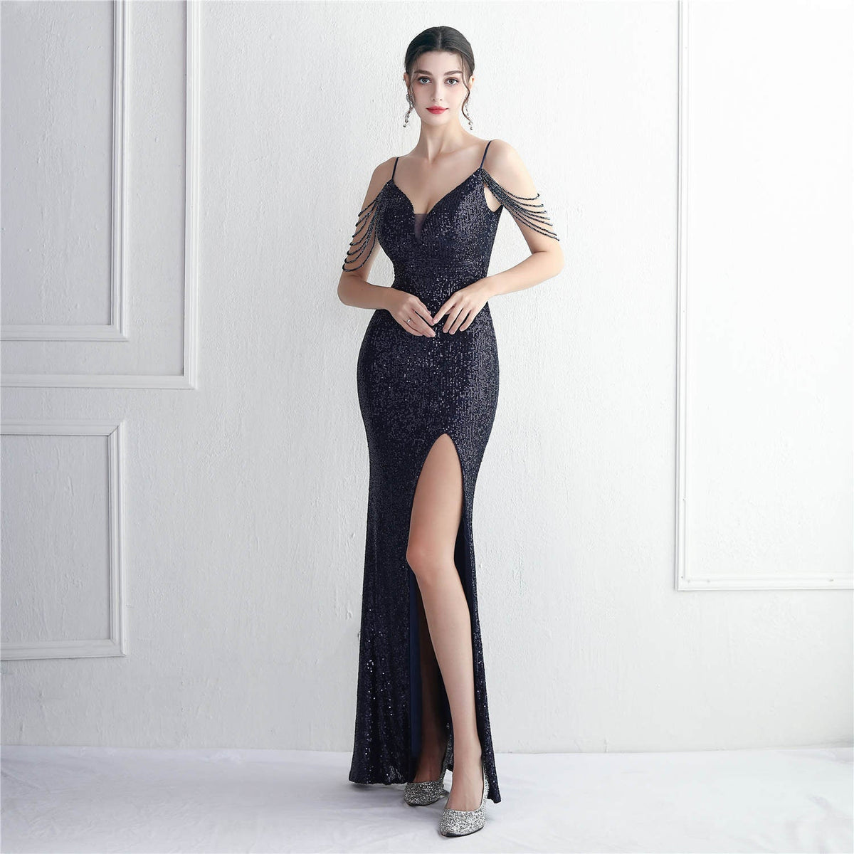 Sequin Beading Sling Party Sequined Dress Long Banquet Slim Fit Evening Dress Elegant - View 4 | VelvetHem