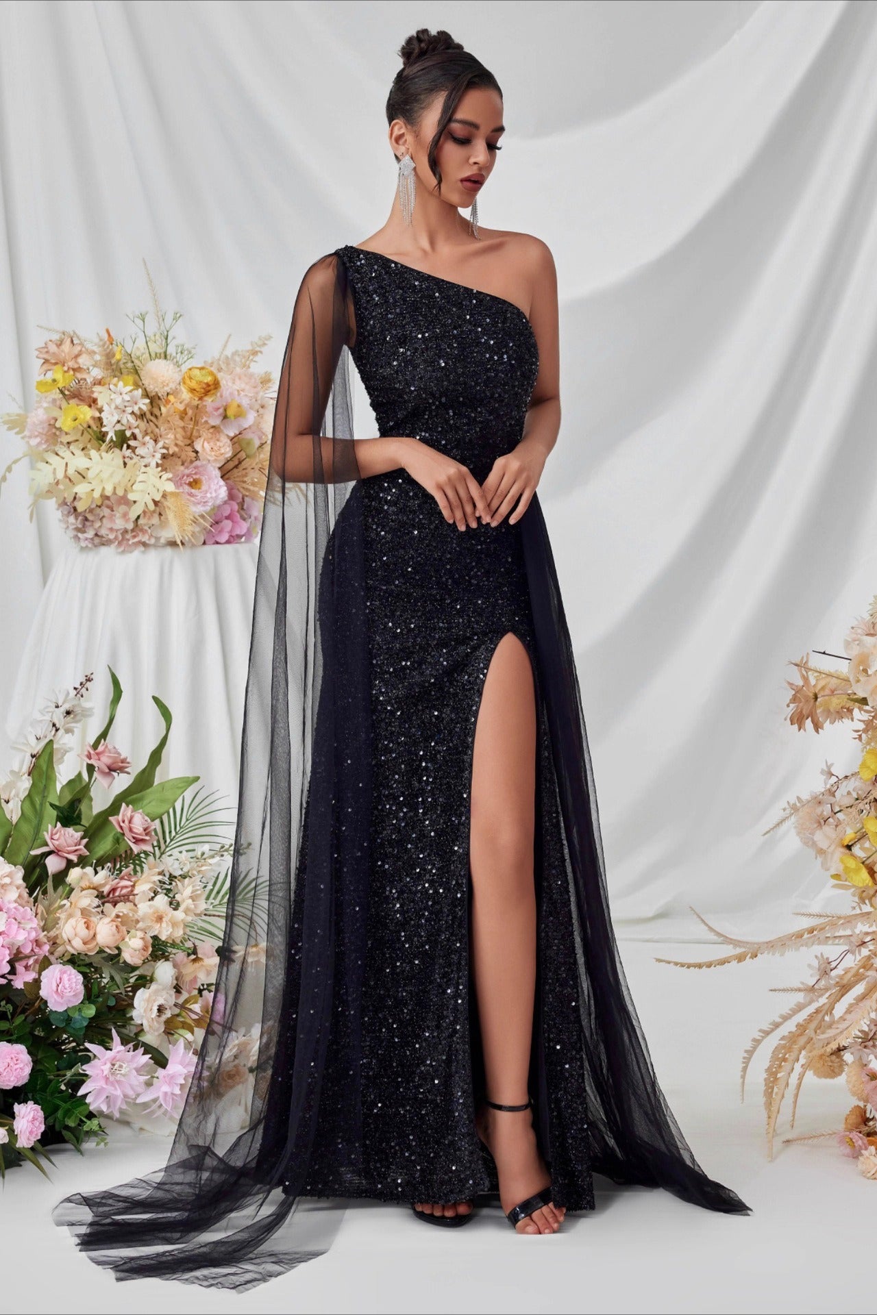 Sequin Mesh Panel Evening Party Dress XS / Black