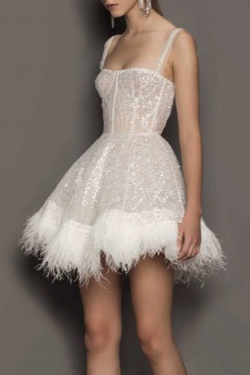 Feather Sequin Tube Top Spaghetti Strap Sequin Dress - View 3 | VelvetHem