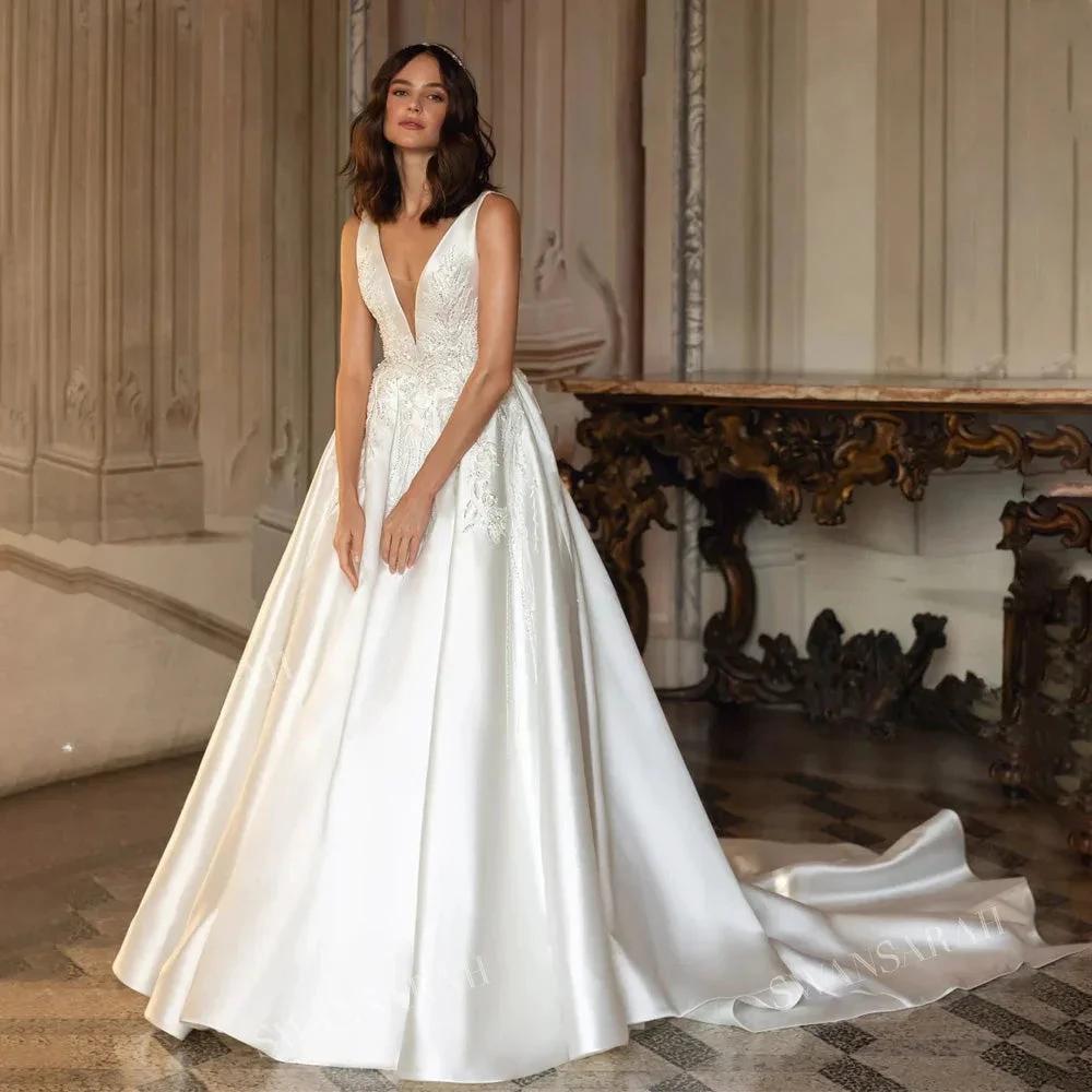 V-neck Sleeveless Wedding Dress 2024 Beading Open Back Court Train Princess Bride Gown SwanSarah P277 Plus Size Vestido De Novia (ZD13426)