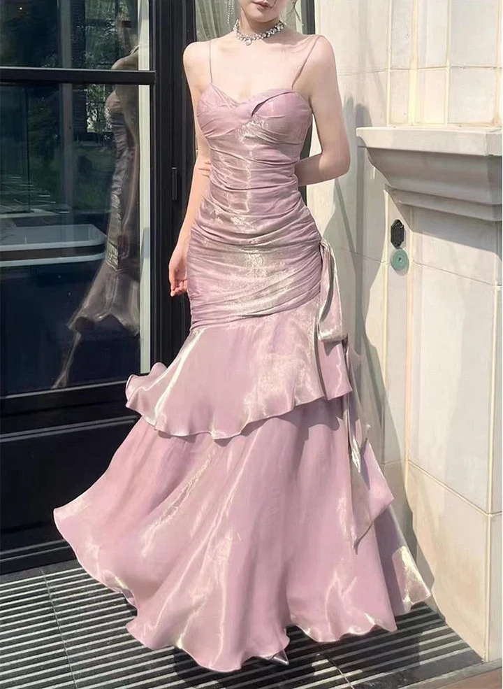 Chic Pink Satin Straps Long Party Dress Satin Mermaid Prom Dress Evening Dress
