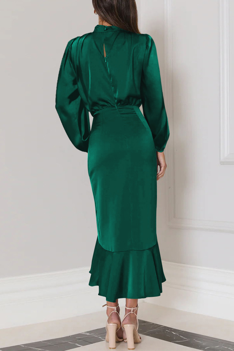 Elegant Solid Flounce Fold Turtleneck Evening Dress