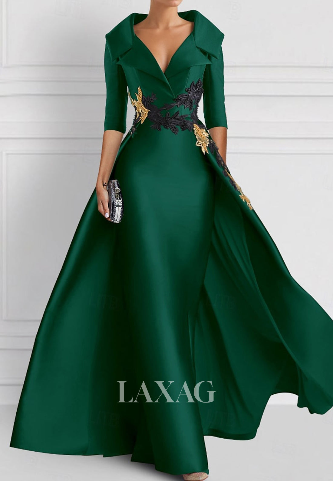 V-Neck Half-Sleeves Embroidered Party Gowns Plated Foor-Length Satin Mermaid Wedding Guest Dress