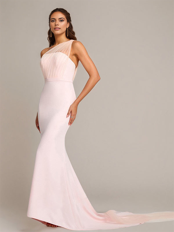 Blushing Pink Sheath/Column One-Shoulder Floor-Length Sleeveless Stretch Crepe Bridesmaid Dress - View 2 | FashionDia