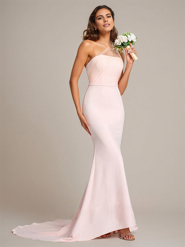 Blushing Pink Sheath/Column One-Shoulder Floor-Length Sleeveless Stretch Crepe Bridesmaid Dress - FashionDia