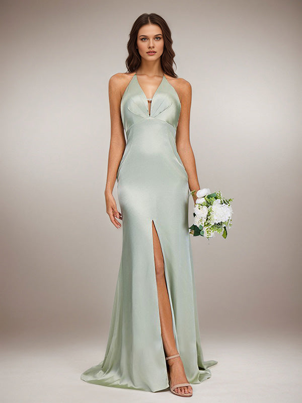 Agave Satin Sheath/Column V Neck Floor Length Sleeveless Bridesmaid Dress