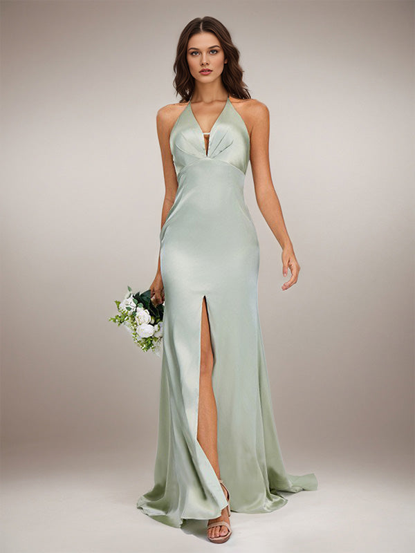 Agave Satin Sheath/Column V Neck Floor Length Sleeveless Bridesmaid Dress