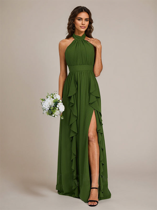 Olive Chiffon A-Line Halter Neck Floor-Length Sleeveless Bridesmaid Dress With Ruffles - View 5 | FashionDia