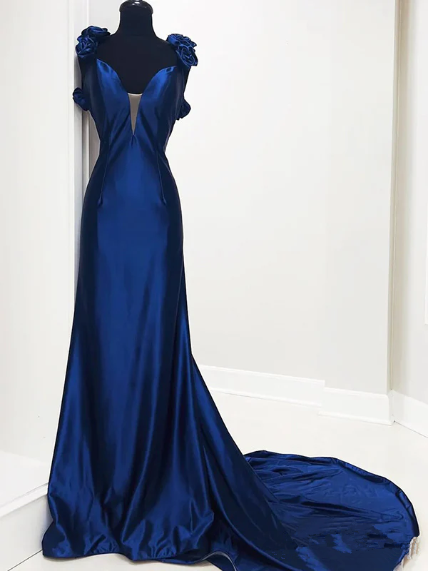 Elegant Deep V Navy Blue Mermaid Long Party Dress Evening Dress
