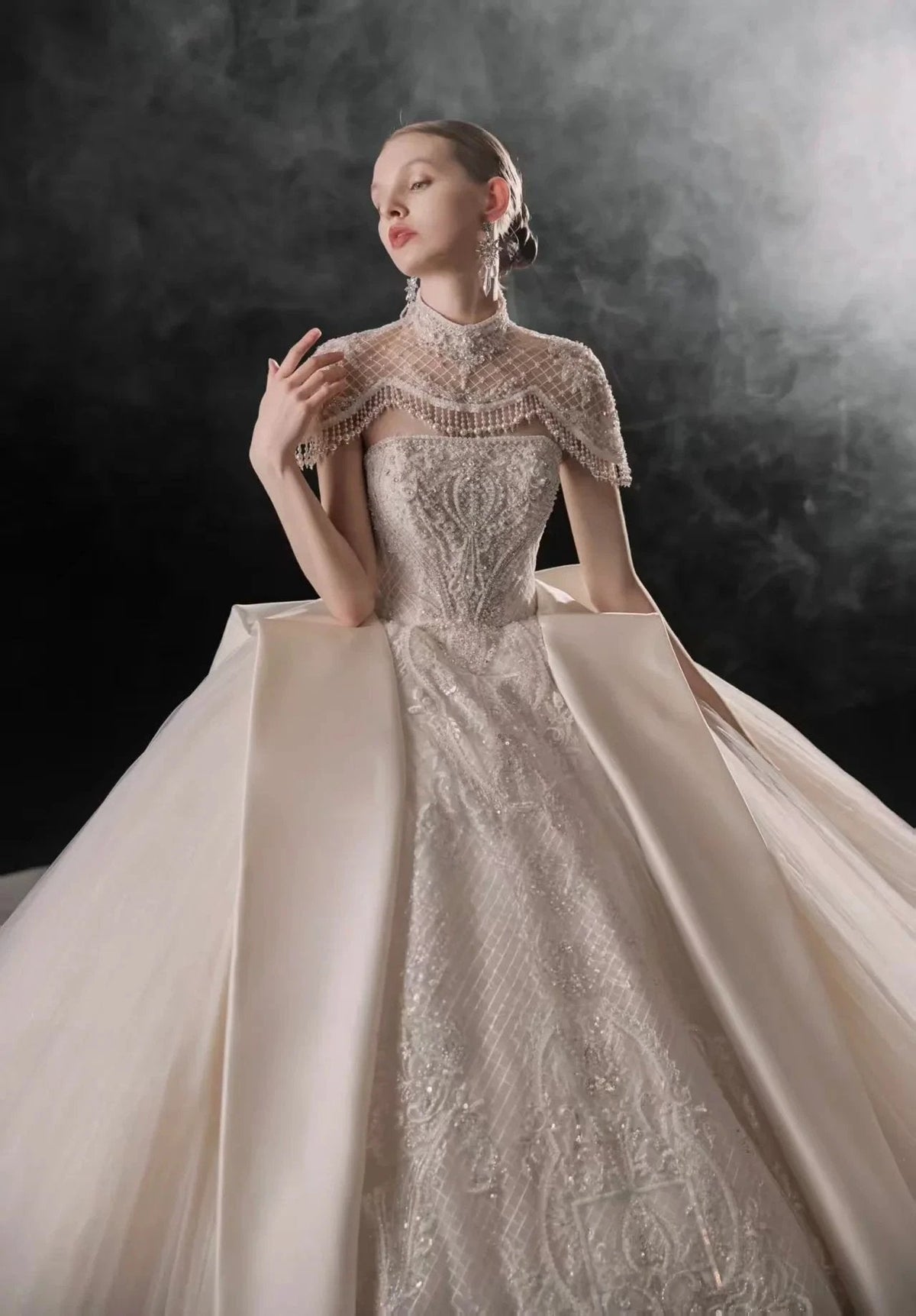 Regal High-Neck Ball Gown Beaded Mesh Capelet Satin Panel Wedding Dress with Embroidered Train Q6005 by ZAPDRESS