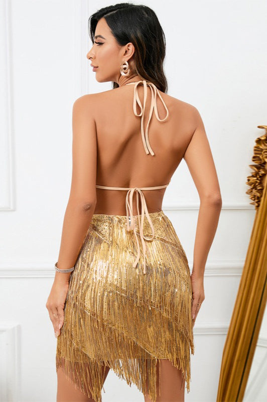 Solid Halter Tie V Neck Fringe Party Mini Sequin Dress - View 4 | VelvetHem