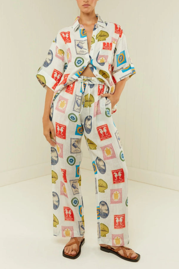 Fashion Printed Linen Casual All-match Shirt Cardigan Trousers