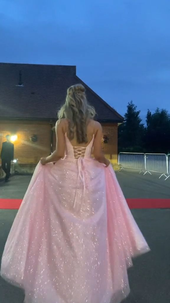 V-Neck Pink Sparkle Tulle Prom Dress Long Evening Dress