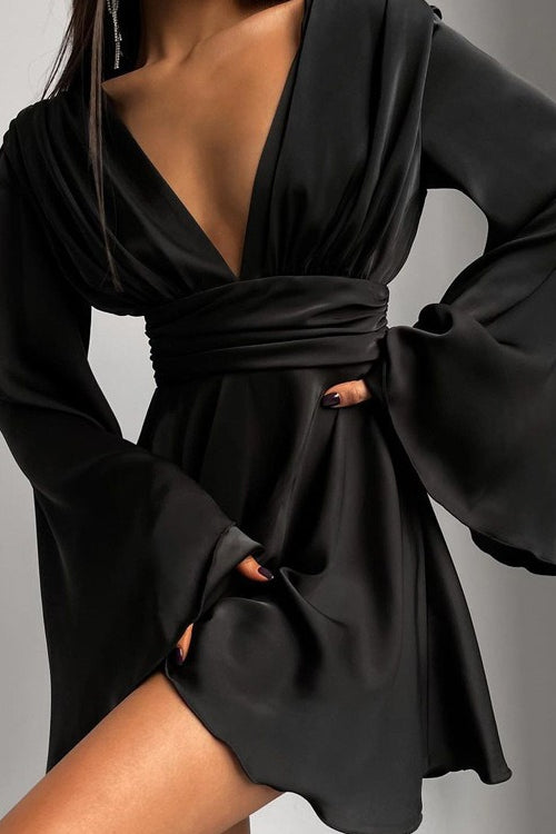 Satin Deep V Backless Flare-Sleeve Silk Dress - VelvetHem