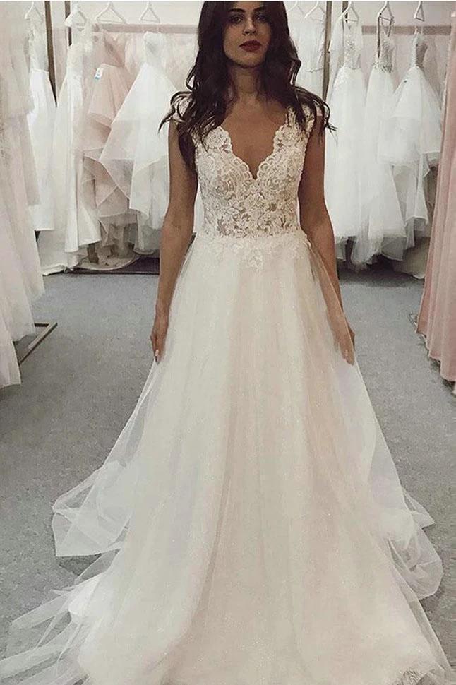 Beach Ivory Long A Line V Neck Tulle Lace Wedding Dress (ZD15847)