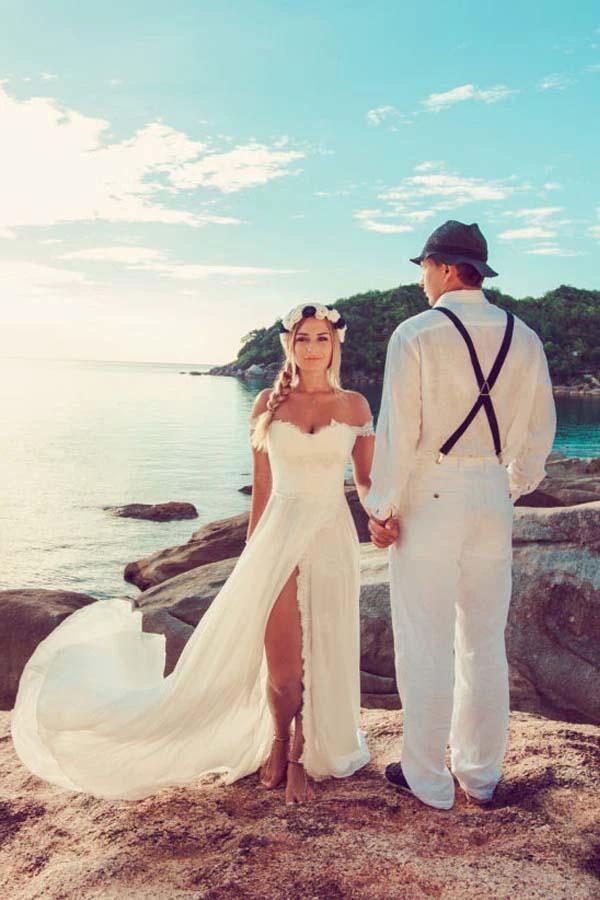 Beach Lace Off The Shoulder Long Chiffon Wedding Dresses (ZD16318)