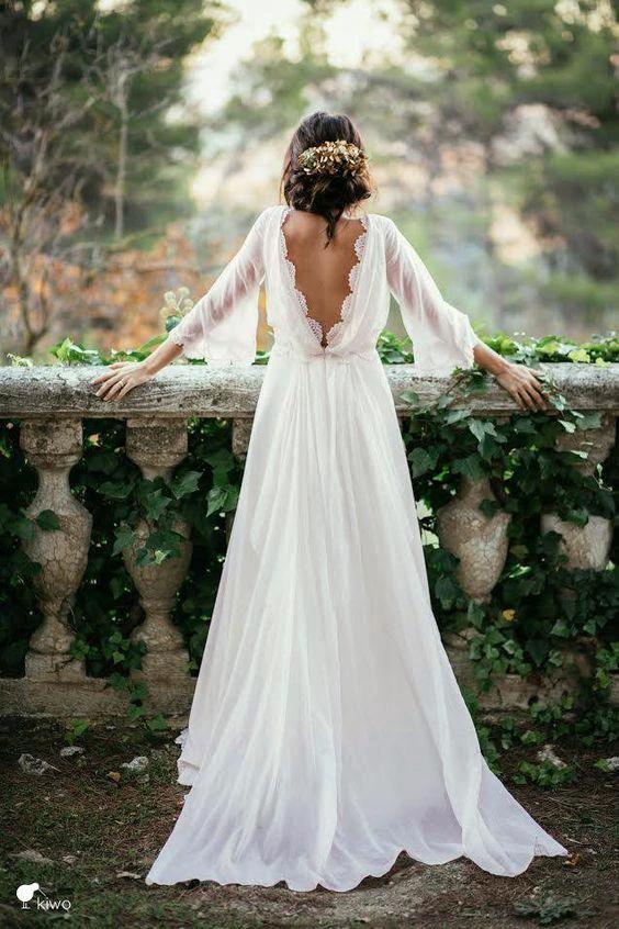 Beach Long A-line Chiffon Backless Wedding Dress with Sleeves (ZD15860)