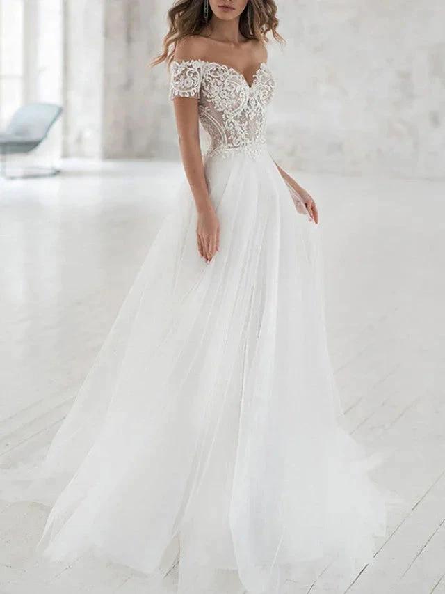 Beach Long A-Line Off the Shoulder Lace Tulle Wedding Dresses (ZD15947)