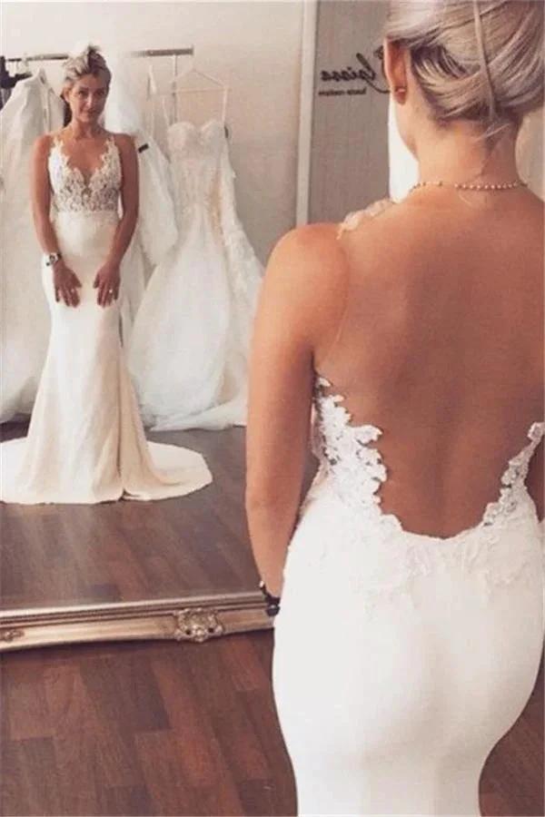 Beach Long Mermaid V-neck Lace Open Back Wedding Dresses (ZD15928)