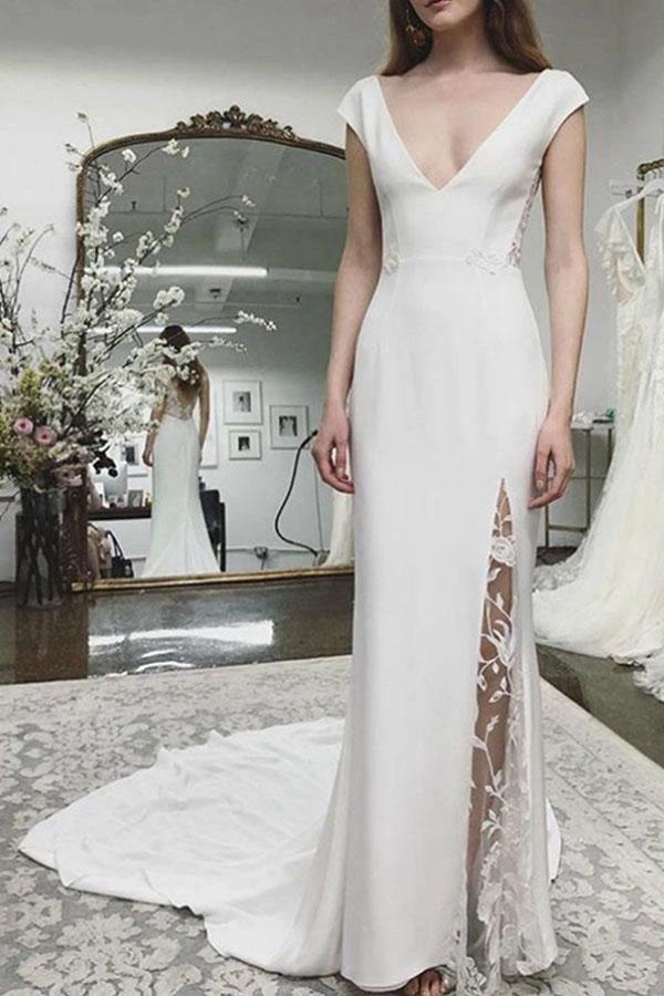 Beach Wedding Dress Cap Sleeves Appliques Backless Lace Bridal Dresses (ZD15325)
