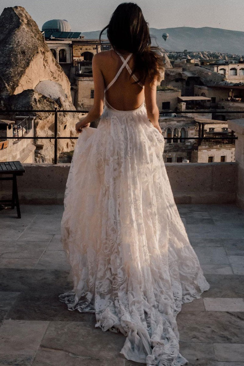 Beach Wedding Dress With Chapel Train White Chic V-Neck Sleeveless Sexy Backless Lace Split Long Bridal Gowns