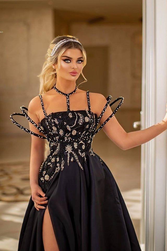 Beaded Moon and Night Black Sparkle Sequin High Split Evening Dress