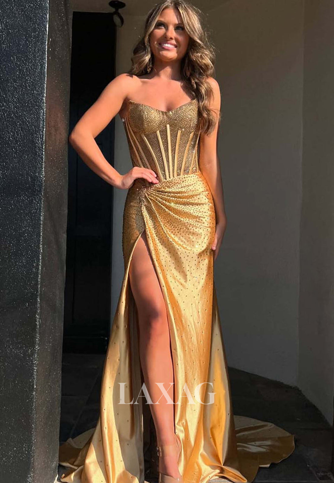 Fully Beaded Sweetheart Sleeveless Mermaid Prom Dress Off-Shoulder Pleated Party Gowns with High Slit