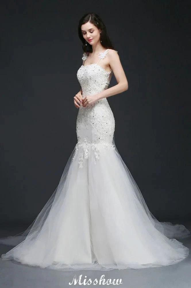 Beading Mermaid Spaghetti Strap Romantic Wedding Dress (ZD13944)