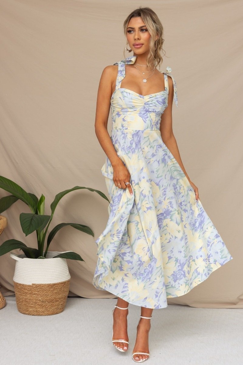Yamel Minimalist Printed Midi Dress with Straps Premium Wardrobe Essential