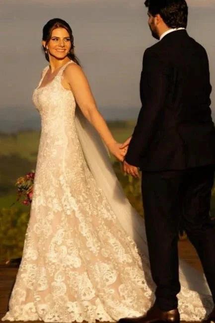 Beautiful A-Line Lace Square Sleeveless Ivory Long Wedding Dress With Appliques (ZD16638)