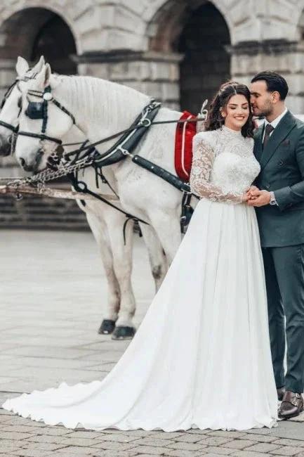 Beautiful A-line Long High Neck Lace Chiffon Wedding Dresses with Long Sleeves (ZD15625)