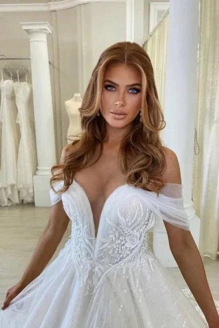 Beautiful A-Line Off-the-shoulder V-neck Wedding Dress With Lace (ZD14608)