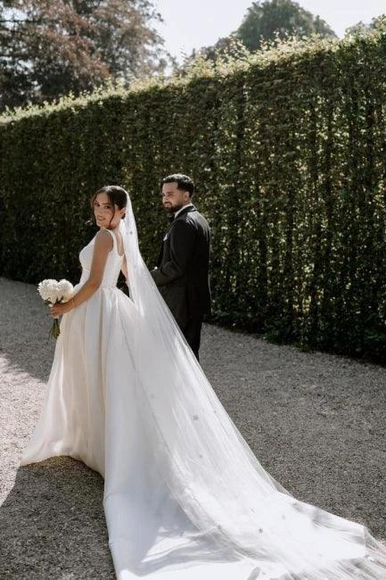 Beautiful A-Line Satin Off-The-Shoulder Sleeveless White Wedding Dresses With Split Front (ZD15524)
