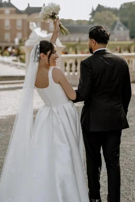 Beautiful A-Line Satin Off-The-Shoulder Sleeveless White Wedding Dresses With Split Front (ZD15524)