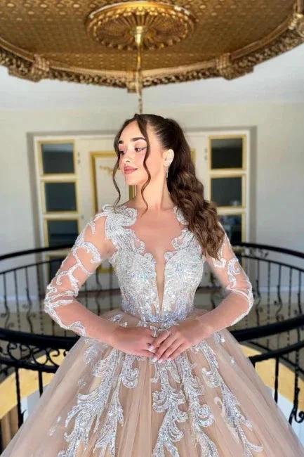 Beautiful A-Line Tulle Lace V-Neck Long Sleeve Long Wedding Dress With Appliques Ruffles (ZD16633)
