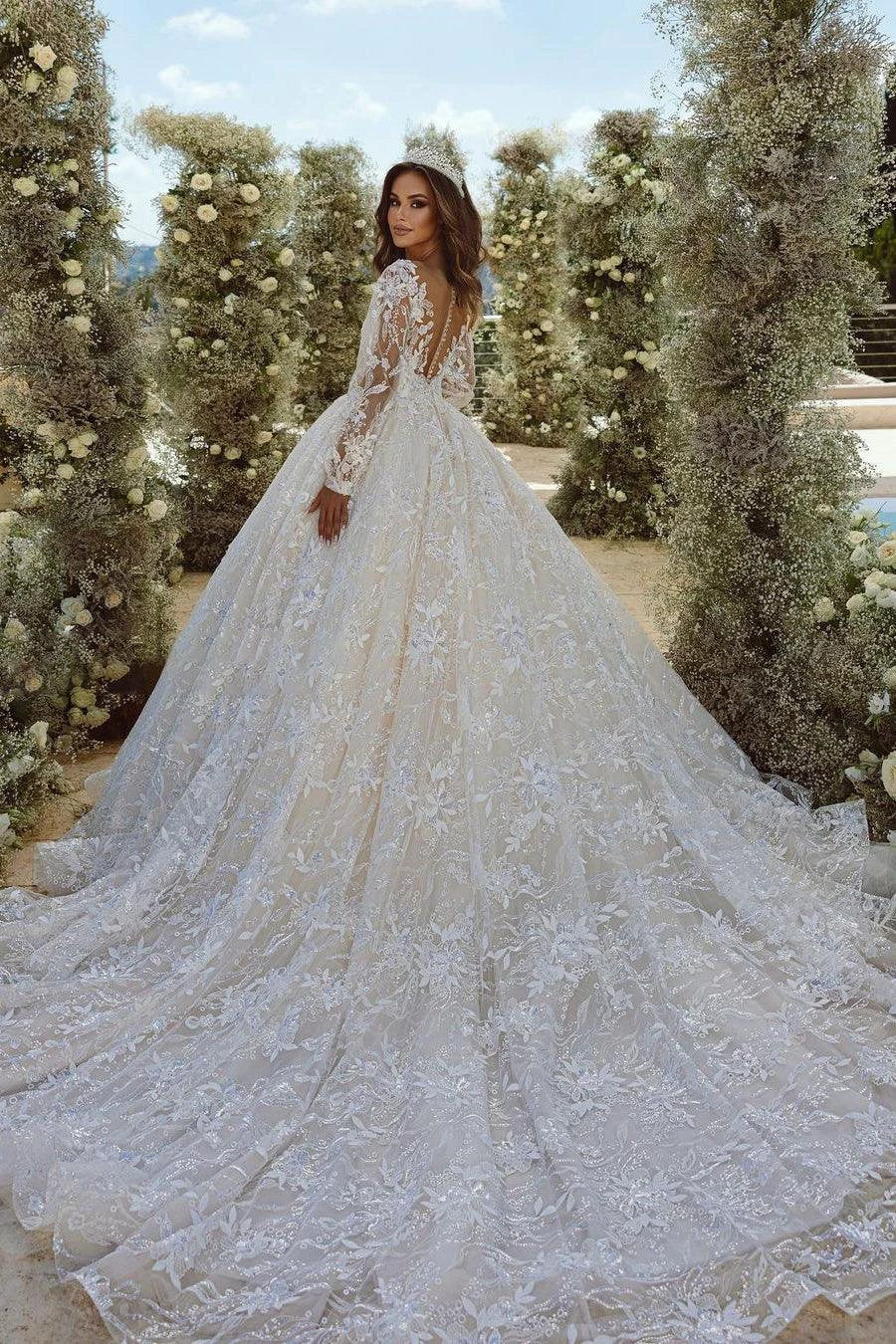 Beautiful A-line V-neck Lace Appliques Tulle Wedding Dress With Long Sleeves (ZD16450)