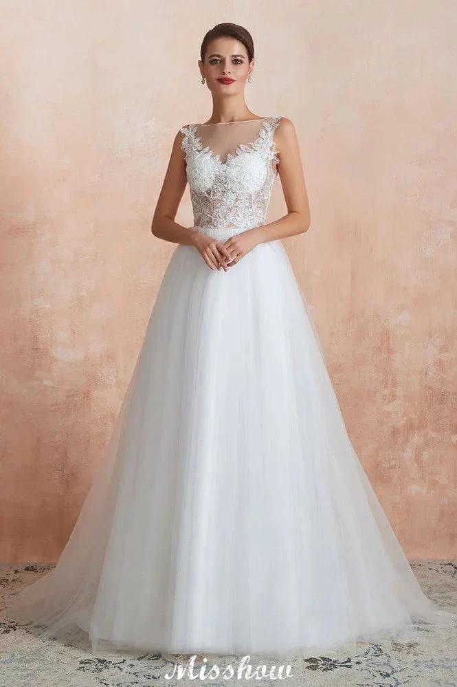 Beautiful Bateau Neck White Wedding Dress Sparkly Sequins Lace Bridal Gown (ZD13973)