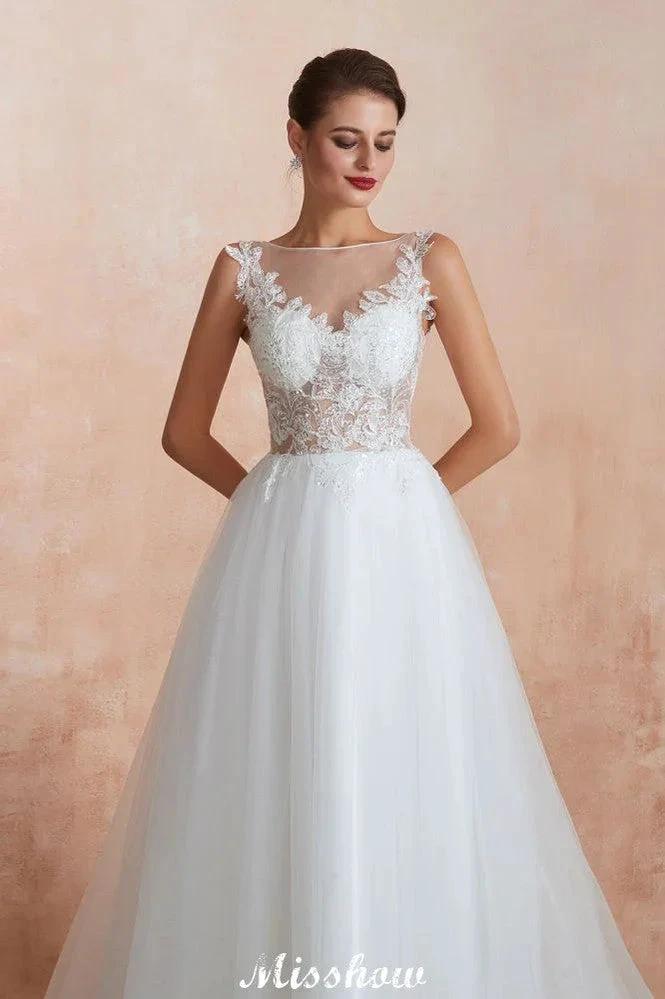 Beautiful Bateau Neck White Wedding Dress Sparkly Sequins Lace Bridal Gown (ZD13973)