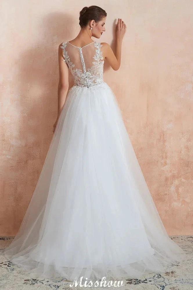 Beautiful Bateau Neck White Wedding Dress Sparkly Sequins Lace Bridal Gown (ZD13973)