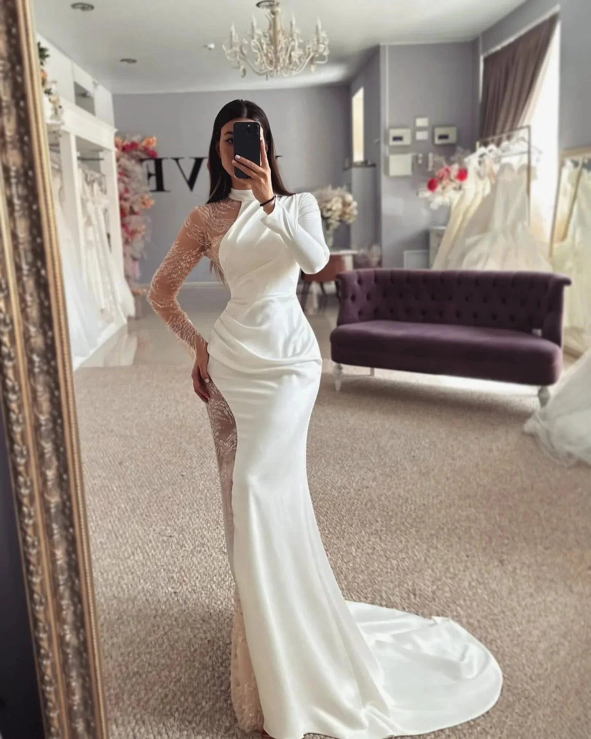 Beautiful Column Satin Lace Halter Long Sleeve Wedding Dress With Appliques (ZD15534)