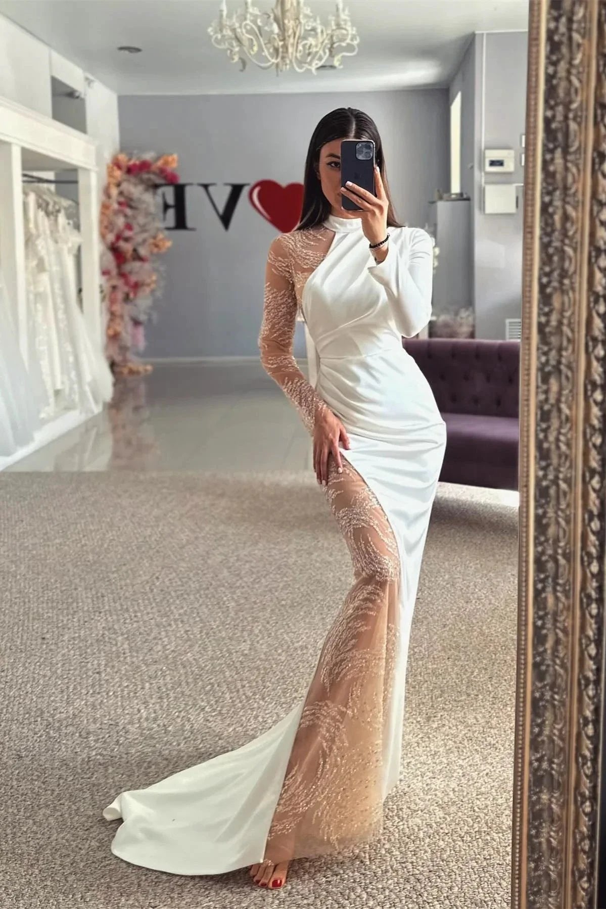 Beautiful Column Satin Lace Halter Long Sleeve Wedding Dress With Appliques (ZD15534)