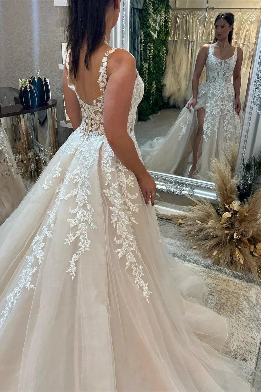 Beautiful Floor Length Sleeveless Straps A-Line Lace Wedding Dress with Split (ZD15763)