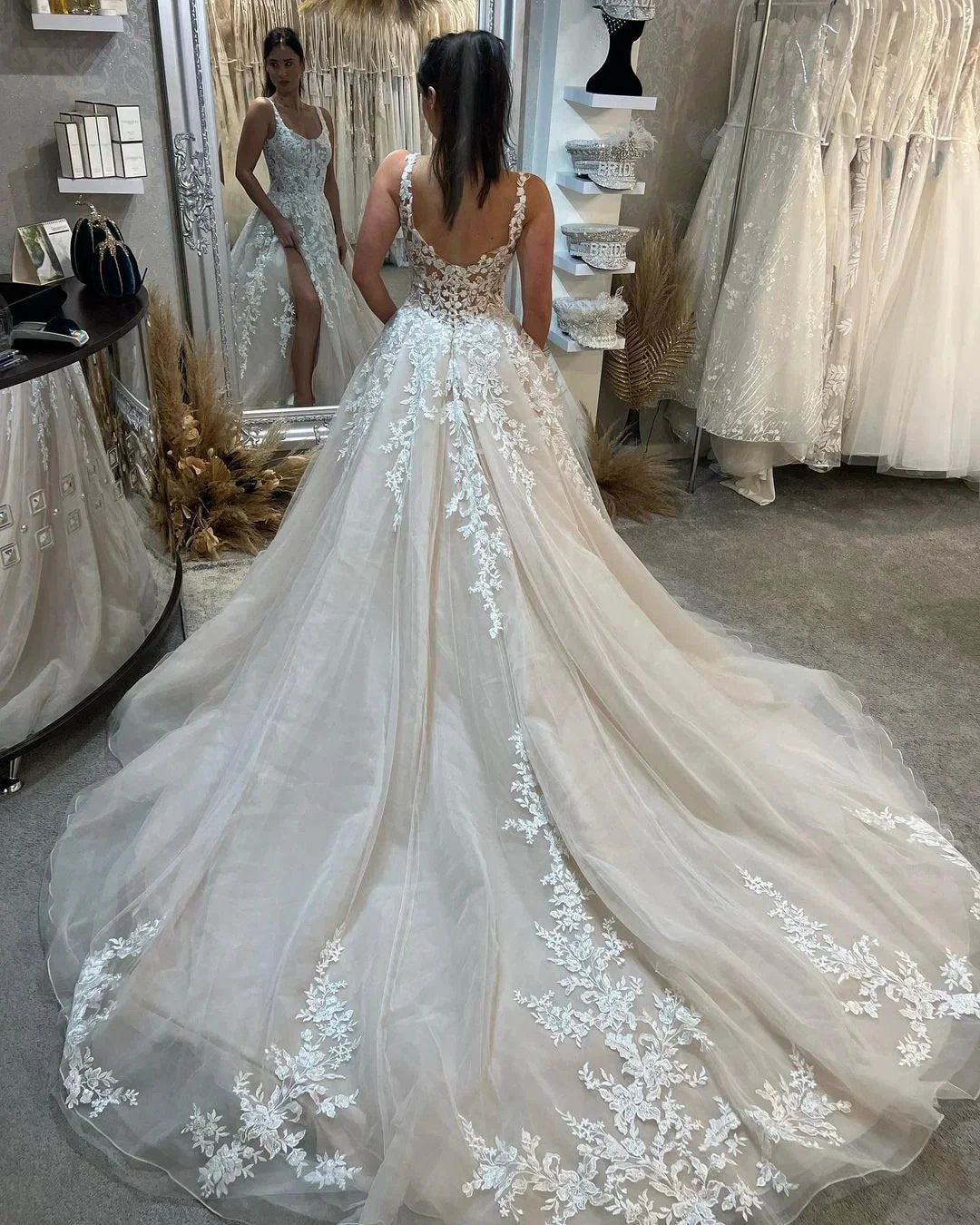 Beautiful Floor Length Sleeveless Straps A-Line Lace Wedding Dress with Split (ZD15763)